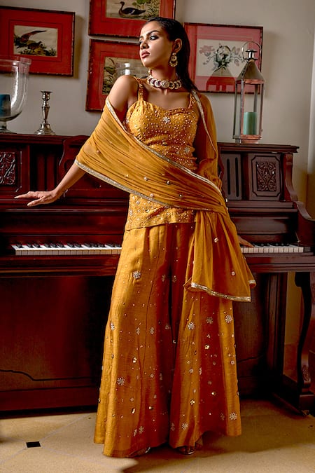 Buy Bbaawri Gold Pure Dupion Silk Embroidery Bead Sequin Work Kurta Flared Pant Set Online at Aza Fashions Buy_Bbaawri_Gold Pure Dupion Silk Embroidery Bead Sequin Work Kurta Flared Pant Set _Online_at_Aza_Fashions