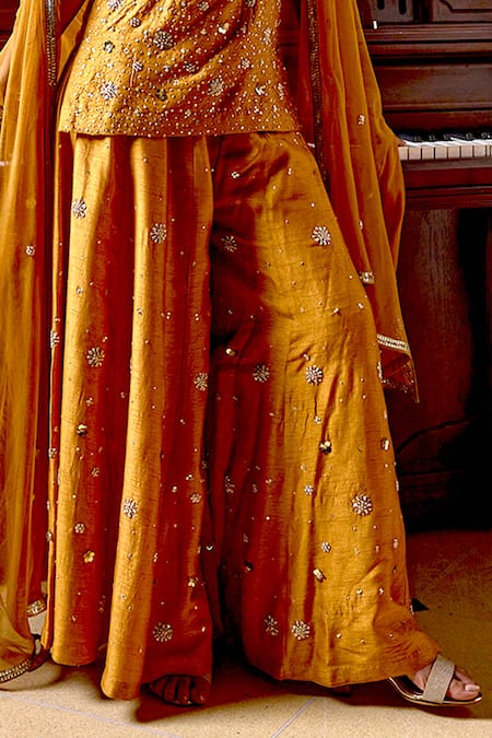 Shop Bbaawri Gold Pure Dupion Silk Embroidery Bead Sequin Work Kurta Flared Pant Set Online at Aza Fashions Shop_Bbaawri_Gold Pure Dupion Silk Embroidery Bead Sequin Work Kurta Flared Pant Set _Online_at_Aza_Fashions