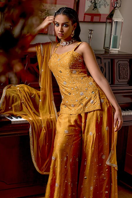 Buy Bbaawri Gold Pure Dupion Silk Embroidery Bead Sequin Work Kurta Flared Pant Set Buy_Bbaawri_Gold Pure Dupion Silk Embroidery Bead Sequin Work Kurta Flared Pant Set
