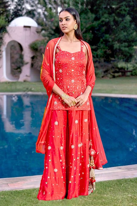 Shop Bbaawri Red Pure Dupion Silk Embroidery Bead Sweetheart Floral Kurta Flared Pant Set at Aza Fashions Shop_Bbaawri_Red Pure Dupion Silk Embroidery Bead Sweetheart Floral Kurta Flared Pant Set _at_Aza_Fashions