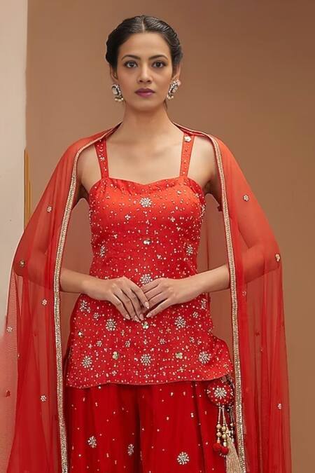 Bbaawri Red Pure Dupion Silk Embroidery Bead Sweetheart Floral Kurta Flared Pant Set Online at Aza Fashions Bbaawri_Red Pure Dupion Silk Embroidery Bead Sweetheart Floral Kurta Flared Pant Set _Online_at_Aza_Fashions