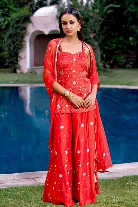 Buy Bbaawri Red Pure Dupion Silk Embroidery Bead Sweetheart Floral Kurta Flared Pant Set Online at Aza Fashions Buy_Bbaawri_Red Pure Dupion Silk Embroidery Bead Sweetheart Floral Kurta Flared Pant Set _Online_at_Aza_Fashions