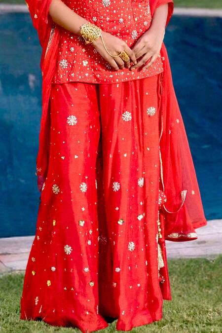 Shop Bbaawri Red Pure Dupion Silk Embroidery Bead Sweetheart Floral Kurta Flared Pant Set Online at Aza Fashions Shop_Bbaawri_Red Pure Dupion Silk Embroidery Bead Sweetheart Floral Kurta Flared Pant Set _Online_at_Aza_Fashions