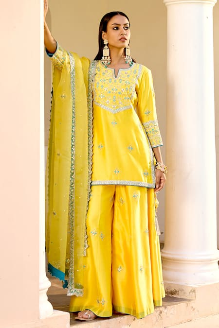 BBAAWRI Yellow Pure Chanderi Silk Embroidery Zardozi Work Kurta Sharara Set 