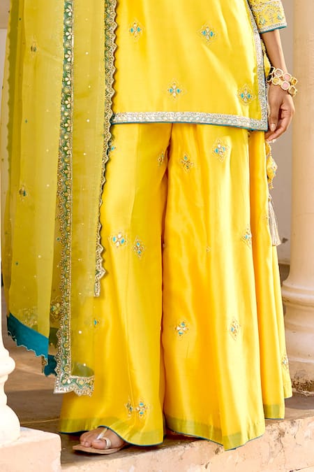 Buy_Bbaawri_Yellow Pure Chanderi Silk Embroidery Zardozi Notched Work Kurta Sharara Set _Online_at_Aza_Fashions
