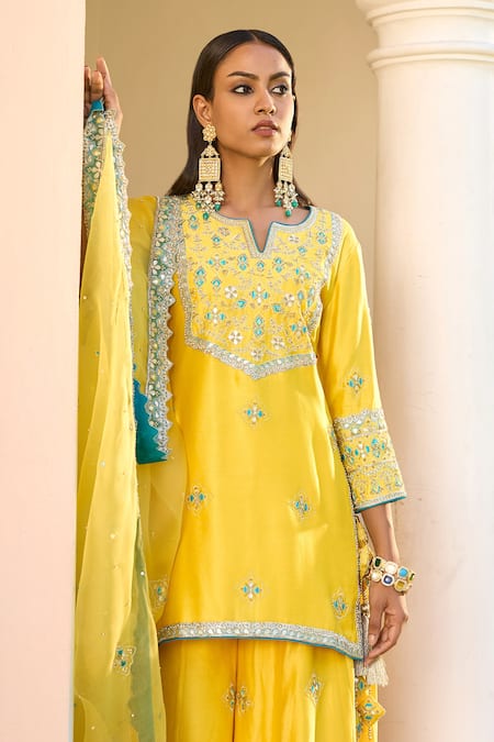 Bbaawri_Yellow Pure Chanderi Silk Embroidery Zardozi Notched Work Kurta Sharara Set _at_Aza_Fashions