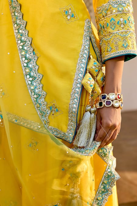 Shop_Bbaawri_Yellow Pure Chanderi Silk Embroidery Zardozi Notched Work Kurta Sharara Set 