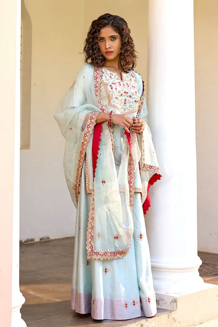 Shop Bbaawri Blue Pure Chanderi Silk Embroidery Zardozi Floral Pattern Kurta Sharara Set Online at Aza Fashions Shop_Bbaawri_Blue Pure Chanderi Silk Embroidery Zardozi Floral Pattern Kurta Sharara Set _Online_at_Aza_Fashions