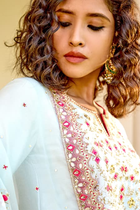 Bbaawri Blue Pure Chanderi Silk Embroidery Zardozi Floral Pattern Kurta Sharara Set at Aza Fashions Bbaawri_Blue Pure Chanderi Silk Embroidery Zardozi Floral Pattern Kurta Sharara Set _at_Aza_Fashions