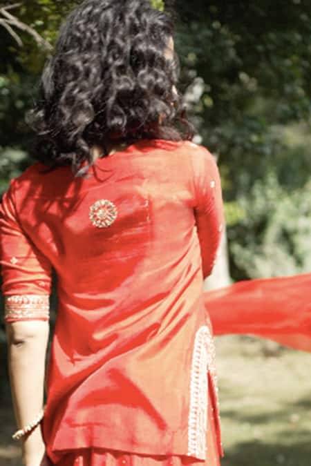 Shop Bbaawri Red Pure Dupion Silk Embroidery Gota Patti Square Neck Work Kurta Sharara Set at Aza Fashions Shop_Bbaawri_Red Pure Dupion Silk Embroidery Gota Patti Square Neck Work Kurta Sharara Set _at_Aza_Fashions