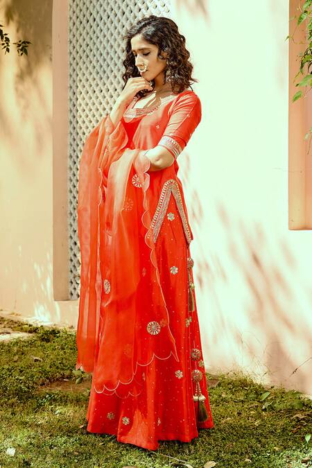 Shop Bbaawri Red Pure Dupion Silk Embroidery Gota Patti Square Neck Work Kurta Sharara Set Online at Aza Fashions Shop_Bbaawri_Red Pure Dupion Silk Embroidery Gota Patti Square Neck Work Kurta Sharara Set _Online_at_Aza_Fashions