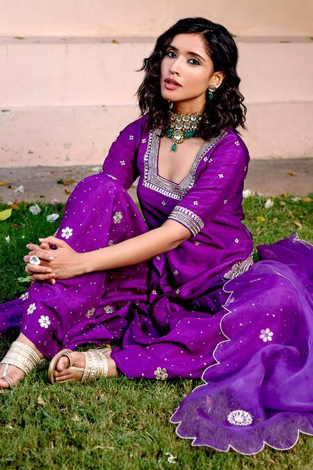 Bbaawri Purple Pure Dupion Silk Embroidery Gota Patti Square Neckline Kurta Sharara Set Online at Aza Fashions Bbaawri_Purple Pure Dupion Silk Embroidery Gota Patti Square Neckline Kurta Sharara Set _Online_at_Aza_Fashions