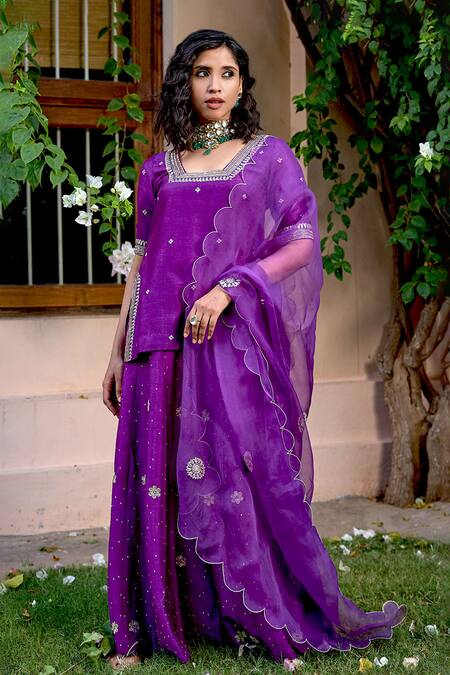 Buy Bbaawri Purple Pure Dupion Silk Embroidery Gota Patti Square Neckline Kurta Sharara Set Online at Aza Fashions Buy_Bbaawri_Purple Pure Dupion Silk Embroidery Gota Patti Square Neckline Kurta Sharara Set _Online_at_Aza_Fashions
