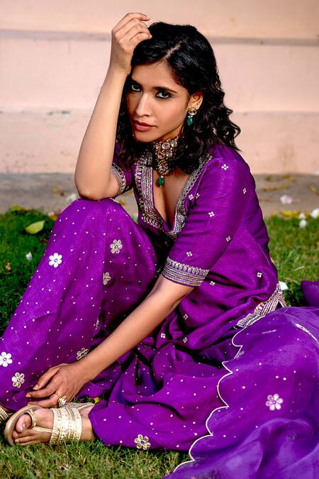 Bbaawri Purple Pure Dupion Silk Embroidery Gota Patti Square Neckline Kurta Sharara Set at Aza Fashions Bbaawri_Purple Pure Dupion Silk Embroidery Gota Patti Square Neckline Kurta Sharara Set _at_Aza_Fashions