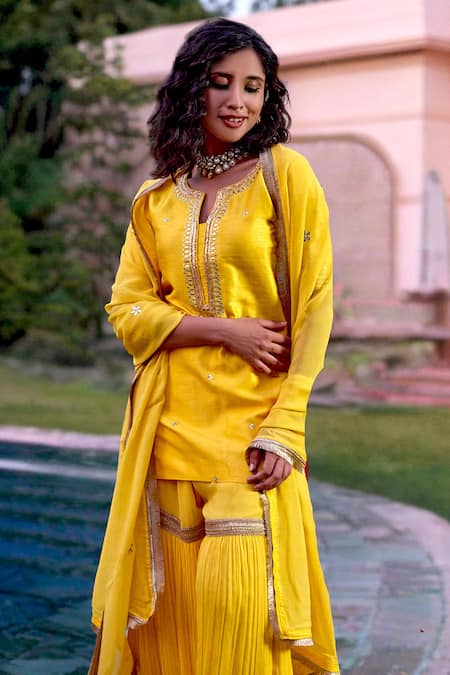 Shop Bbaawri Yellow Pure Dupion Silk Embroidery Gota Notched Geometric Kurta Sharara Set at Aza Fashions Shop_Bbaawri_Yellow Pure Dupion Silk Embroidery Gota Notched Geometric Kurta Sharara Set _at_Aza_Fashions