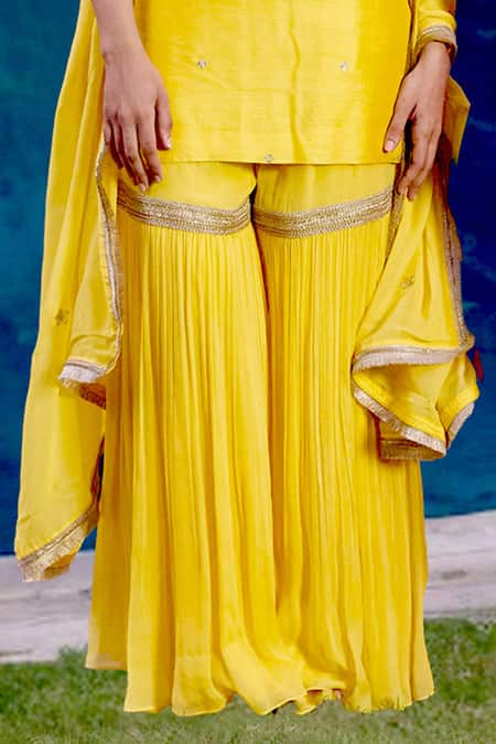 Bbaawri Yellow Pure Dupion Silk Embroidery Gota Notched Geometric Kurta Sharara Set Online at Aza Fashions Bbaawri_Yellow Pure Dupion Silk Embroidery Gota Notched Geometric Kurta Sharara Set _Online_at_Aza_Fashions