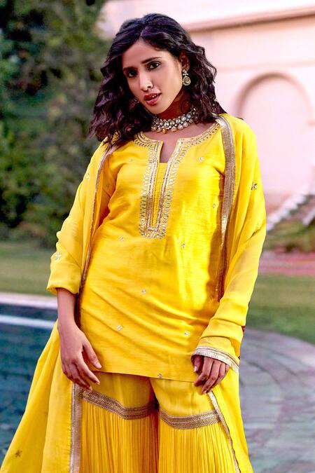 Buy Bbaawri Yellow Pure Dupion Silk Embroidery Gota Notched Geometric Kurta Sharara Set Online at Aza Fashions Buy_Bbaawri_Yellow Pure Dupion Silk Embroidery Gota Notched Geometric Kurta Sharara Set _Online_at_Aza_Fashions