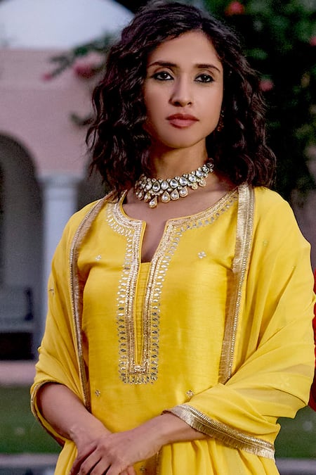 Shop Bbaawri Yellow Pure Dupion Silk Embroidery Gota Notched Geometric Kurta Sharara Set Online at Aza Fashions Shop_Bbaawri_Yellow Pure Dupion Silk Embroidery Gota Notched Geometric Kurta Sharara Set _Online_at_Aza_Fashions
