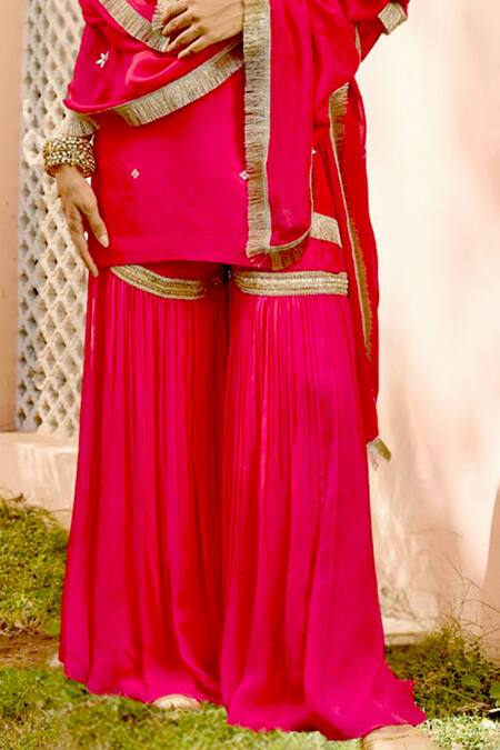 Bbaawri Fuchsia Pure Dupion Silk Embroidery Gota Notched Work Kurta Set at Aza Fashions Bbaawri_Fuchsia Pure Dupion Silk Embroidery Gota Notched Work Kurta Set _at_Aza_Fashions