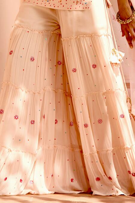 Bbaawri_Peach Pure Georgette Embroidery Bead Sweetheart Neck Work Kurta Sharara Set _Online_at_Aza_Fashions