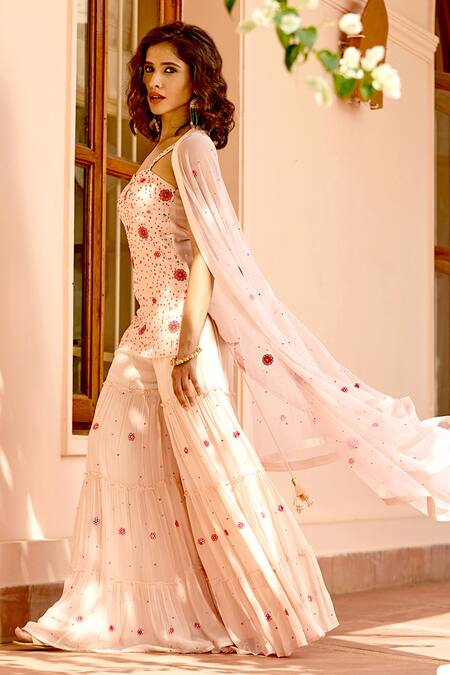 Buy_Bbaawri_Peach Pure Georgette Embroidery Bead Sweetheart Neck Work Kurta Sharara Set _Online_at_Aza_Fashions