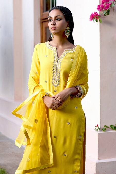 Shop_Bbaawri_Yellow Pure Georgette Embroidery Gota Notched Placement Kurta Set _Online_at_Aza_Fashions