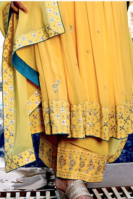 Buy_Bbaawri_Yellow Pure Georgette Embroidery Gota Patti Round Yoke Anarkali Set 
