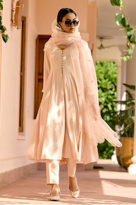 Buy Bbaawri Peach Pure Chanderi Silk Embroidery Sequin V Neck Yoke Anarkali Set Online at Aza Fashions Buy_Bbaawri_Peach Pure Chanderi Silk Embroidery Sequin V Neck Yoke Anarkali Set _Online_at_Aza_Fashions