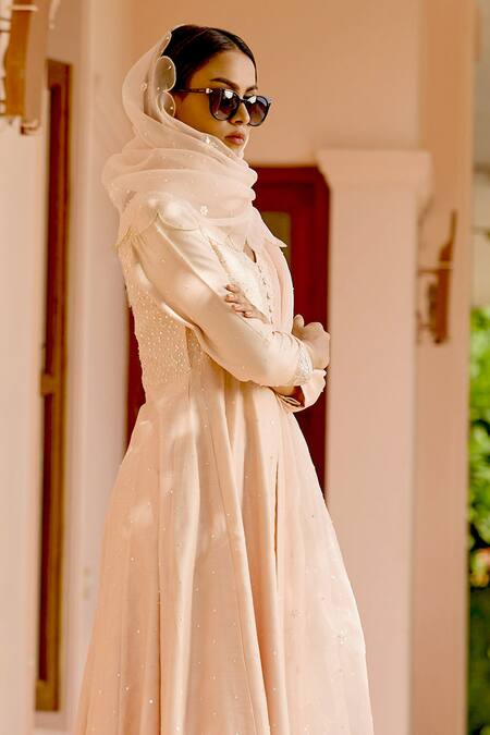 Shop Bbaawri Peach Pure Chanderi Silk Embroidery Sequin V Neck Yoke Anarkali Set Online at Aza Fashions Shop_Bbaawri_Peach Pure Chanderi Silk Embroidery Sequin V Neck Yoke Anarkali Set _Online_at_Aza_Fashions