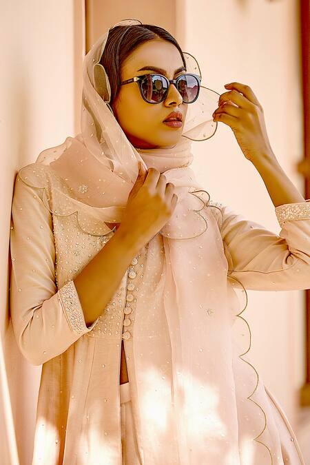 Bbaawri Peach Pure Chanderi Silk Embroidery Sequin V Neck Yoke Anarkali Set at Aza Fashions Bbaawri_Peach Pure Chanderi Silk Embroidery Sequin V Neck Yoke Anarkali Set _at_Aza_Fashions