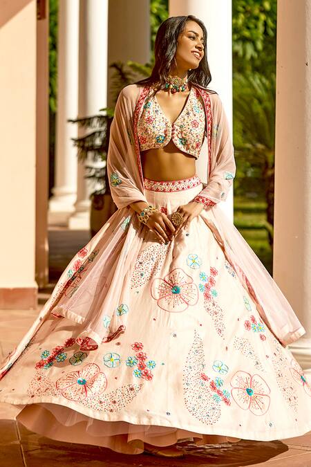 Shop_Bbaawri_Peach Organza, Chanderi Sequins, Embroidery Resham Work Lehenga Set_Online_at_Aza_Fashions