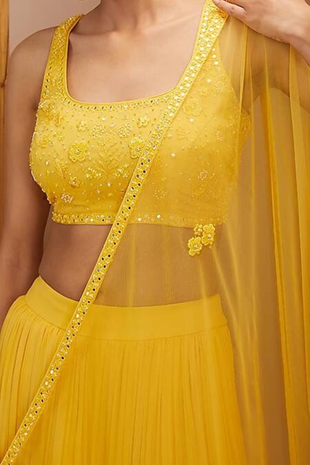 Shop_Bbaawri_Yellow Georgette Mirrors, Sequins, Embroidery Layered Ruffle Pleated Lehenga Set _Online_at_Aza_Fashions