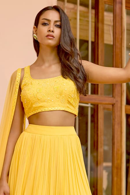 Bbaawri_Yellow Georgette Mirrors, Sequins, Embroidery Layered Ruffle Pleated Lehenga Set _at_Aza_Fashions