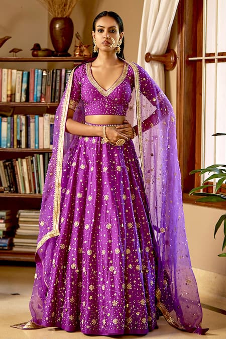 BBAAWRI Purple Pure Dupion Silk Embroidery Nakshi V Zardozi Work Lehenga Set For Women