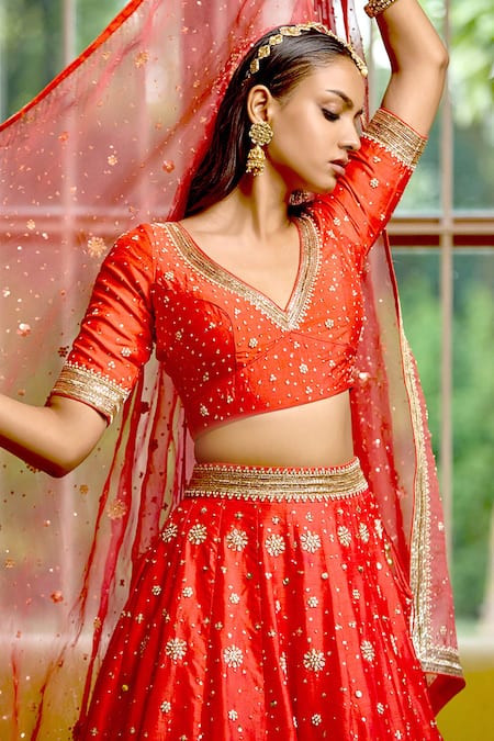 Shop_Bbaawri_Red Organza, Embroidery, Sequins, Zari Nakshi Work Bridal Lehenga Set _Online_at_Aza_Fashions