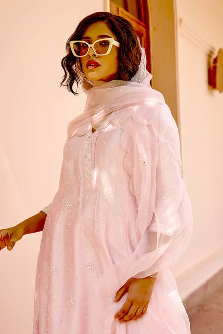 Shop_Bbaawri_Pink Silk Organza Sequins, Mirrors, Embroidery Dupatta _Online_at_Aza_Fashions