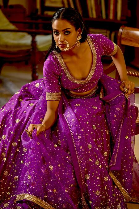 Buy_Bbaawri_Purple Silk Organza Embroidery Zardozi Work Dupatta _Online_at_Aza_Fashions