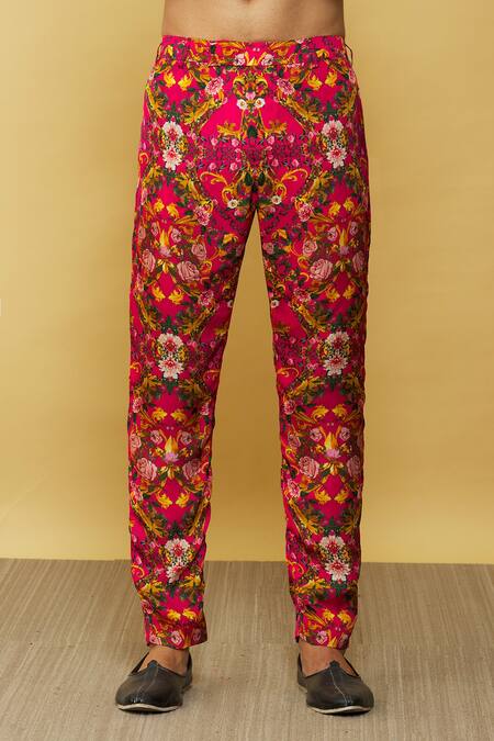 MR. Ajay Kumar_Pink Silk Printed Floral Kurta And Pant Set  _at_Aza_Fashions