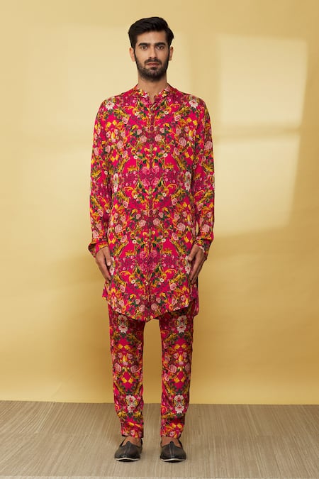 MR. Ajay Kumar_Pink Silk Printed Floral Kurta And Pant Set  _Online_at_Aza_Fashions