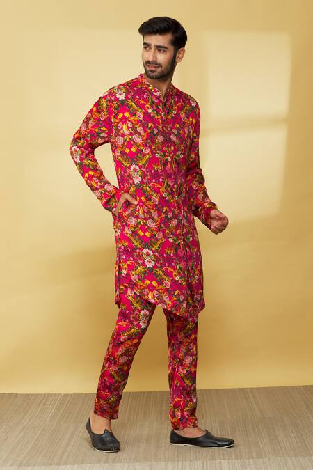 Buy_MR. Ajay Kumar_Pink Silk Printed Floral Kurta And Pant Set  _Online_at_Aza_Fashions