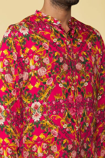 Shop_MR. Ajay Kumar_Pink Silk Printed Floral Kurta And Pant Set  _Online_at_Aza_Fashions
