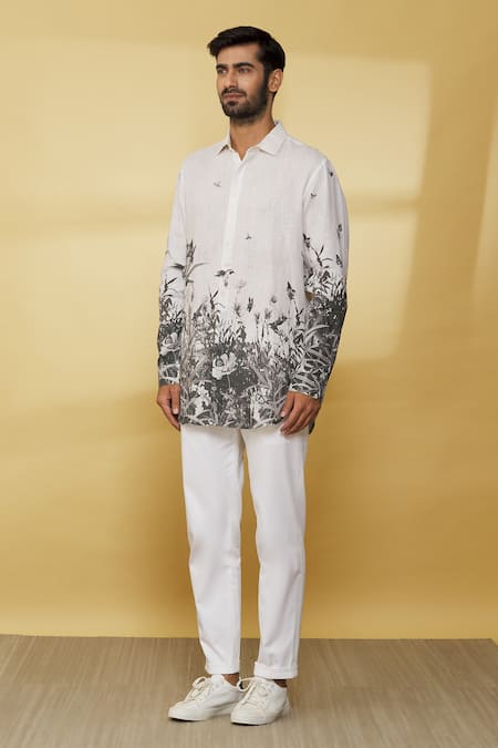 Buy_MR. Ajay Kumar_White Linen Embroidery Floral Print Shirt _Online_at_Aza_Fashions