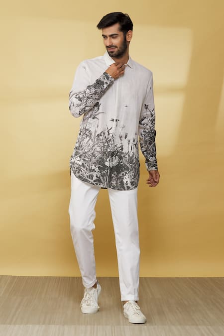 Shop_MR. Ajay Kumar_White Linen Embroidery Floral Print Shirt _Online_at_Aza_Fashions