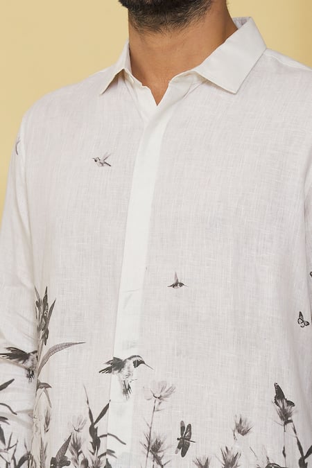 MR. Ajay Kumar_White Linen Embroidery Floral Print Shirt _at_Aza_Fashions
