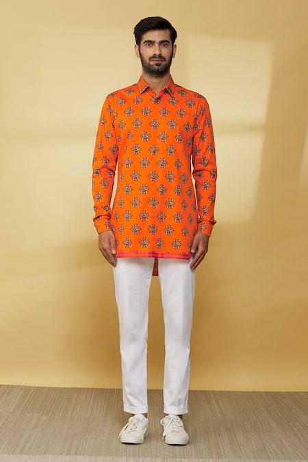 MR. Ajay Kumar_Orange Cotton Embroidery Printed Full Sleeved Shirt _Online_at_Aza_Fashions