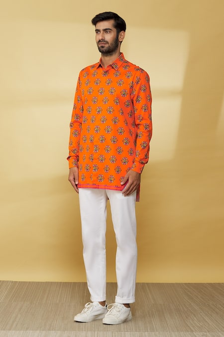 Buy_MR. Ajay Kumar_Orange Cotton Embroidery Printed Full Sleeved Shirt _Online_at_Aza_Fashions