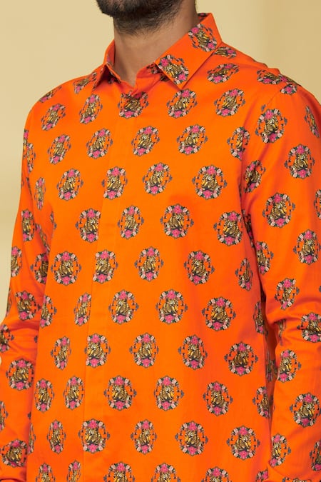 MR. Ajay Kumar_Orange Cotton Embroidery Printed Full Sleeved Shirt _at_Aza_Fashions