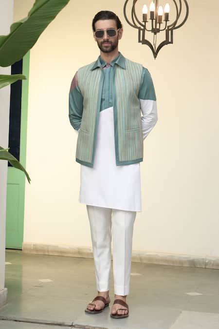 Gargee Designers Blue Satin, Silk, Woven Bundi Colour Block Kurta Set Online at Aza Fashions Gargee Designers_Blue Satin, Silk, Woven Bundi Colour Block Kurta Set _Online_at_Aza_Fashions
