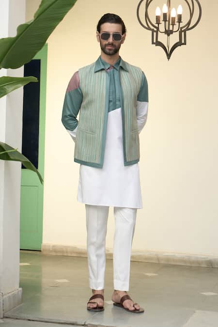 Shop Gargee Designers Blue Satin, Silk, Woven Bundi Colour Block Kurta Set Online at Aza Fashions Shop_Gargee Designers_Blue Satin, Silk, Woven Bundi Colour Block Kurta Set _Online_at_Aza_Fashions