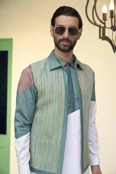 Gargee Designers Blue Satin, Silk, Woven Bundi Colour Block Kurta Set at Aza Fashions Gargee Designers_Blue Satin, Silk, Woven Bundi Colour Block Kurta Set _at_Aza_Fashions